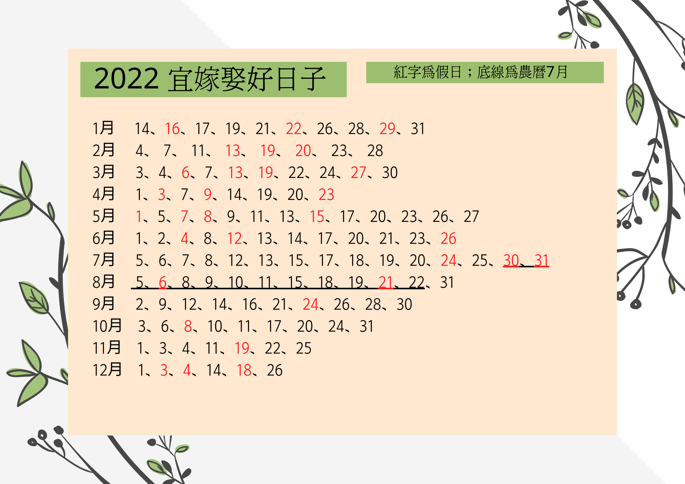 Read more about the article 2022結婚好日子出爐啦！吉日統整 一看明了！